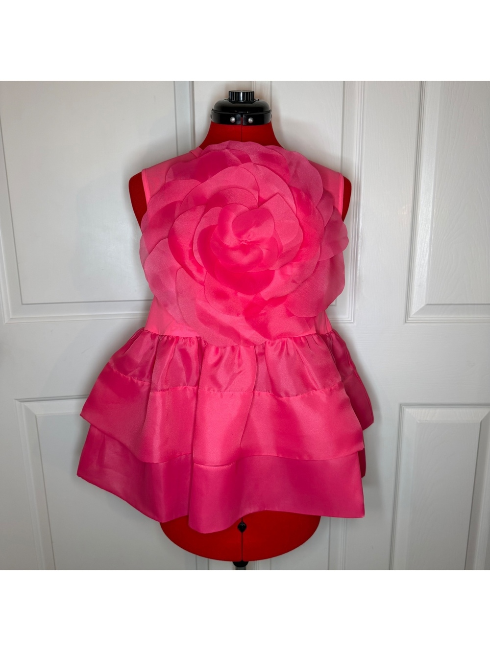 Cynthia Rowley Chloe Organza Flower Top Hot Pink Peplum Blouse Sleeveles Women S